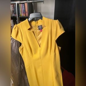 Vince Camuto size 16 lined yellow notched collar capped sleeve pencil dress